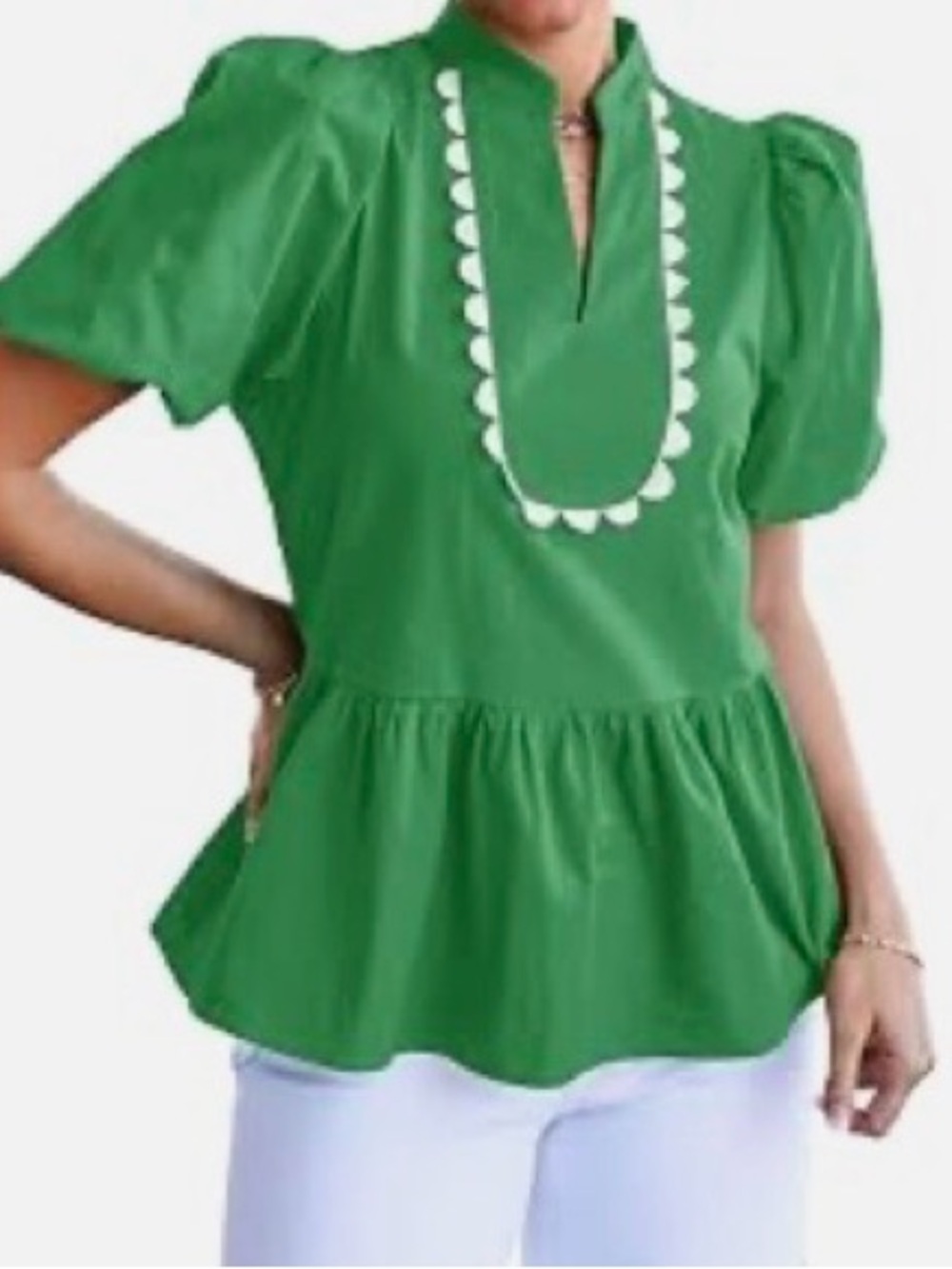 Green Peplum Puff Sleeve Top Classic